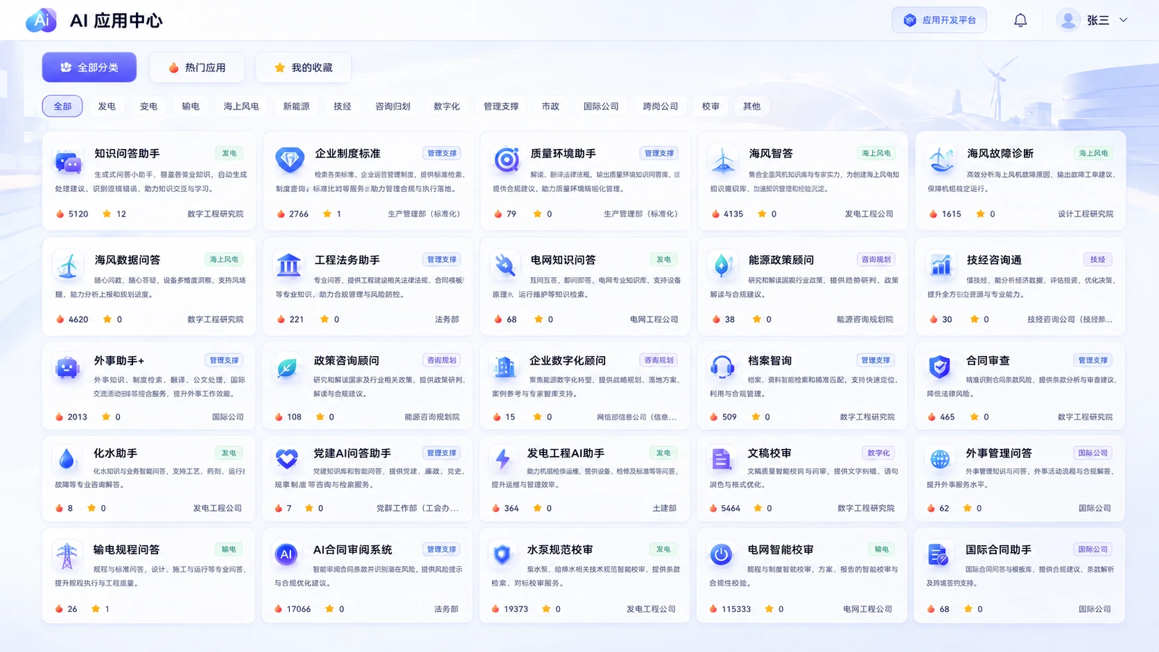 PPT 中的 AI 应用中心，按发电、变电、输电、海上风电和管理支撑等分类展示专业问答及业务助手