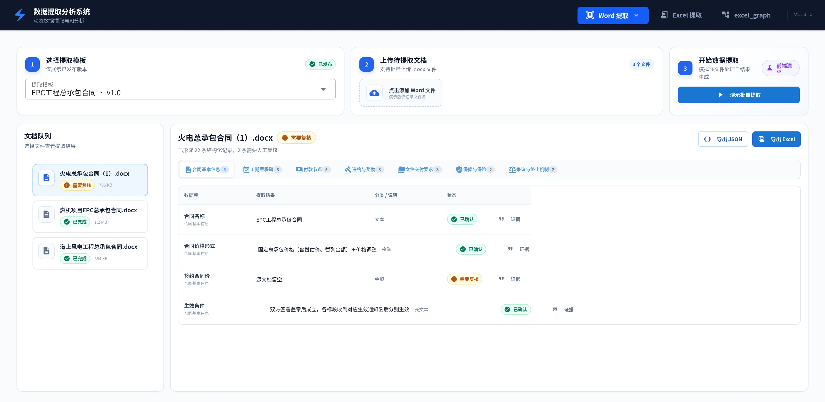 数据提取分析系统 Word 工作区，包含模板选择、文件队列、结构化记录、证据入口及复核状态