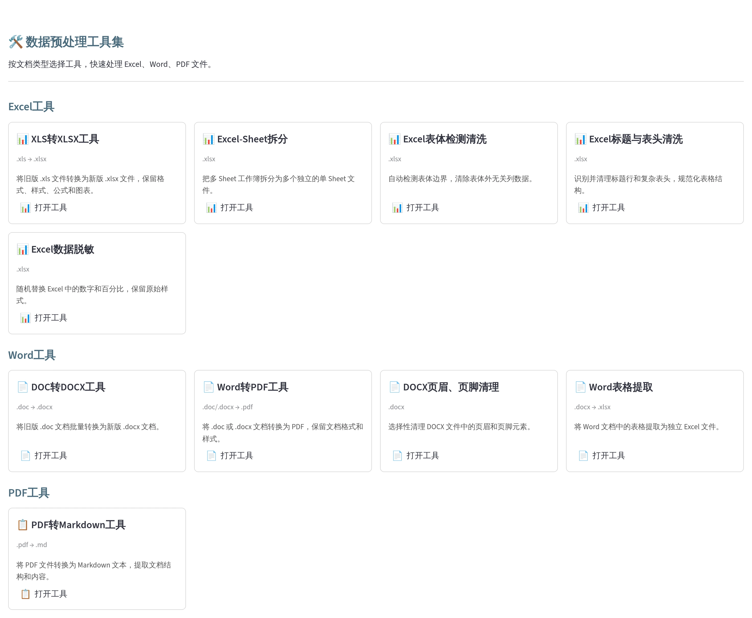 数据预处理平台真实首页，集中展示五项 Excel 工具、四项 Word 工具和 PDF 转 Markdown 工具