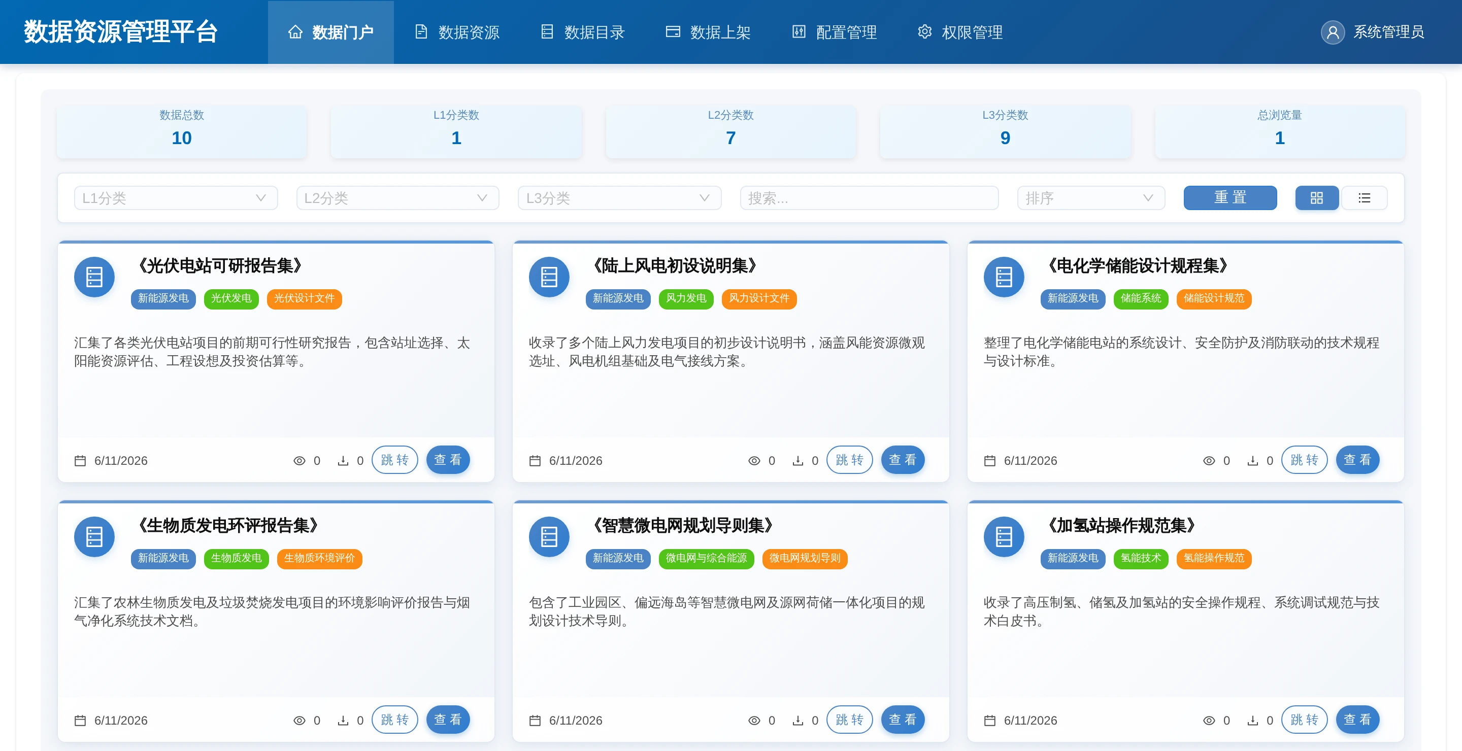 数据资源管理平台首页，按业务分类展示光伏、风电、储能等资源卡片与筛选入口