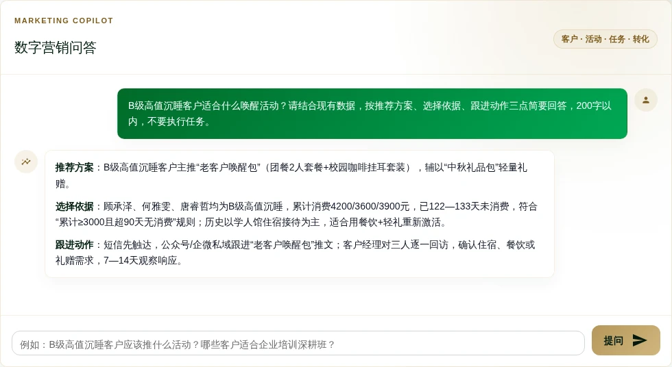 AI 针对 B 级高值沉睡客户，按推荐方案、选择依据和跟进动作三部分给出唤醒活动建议