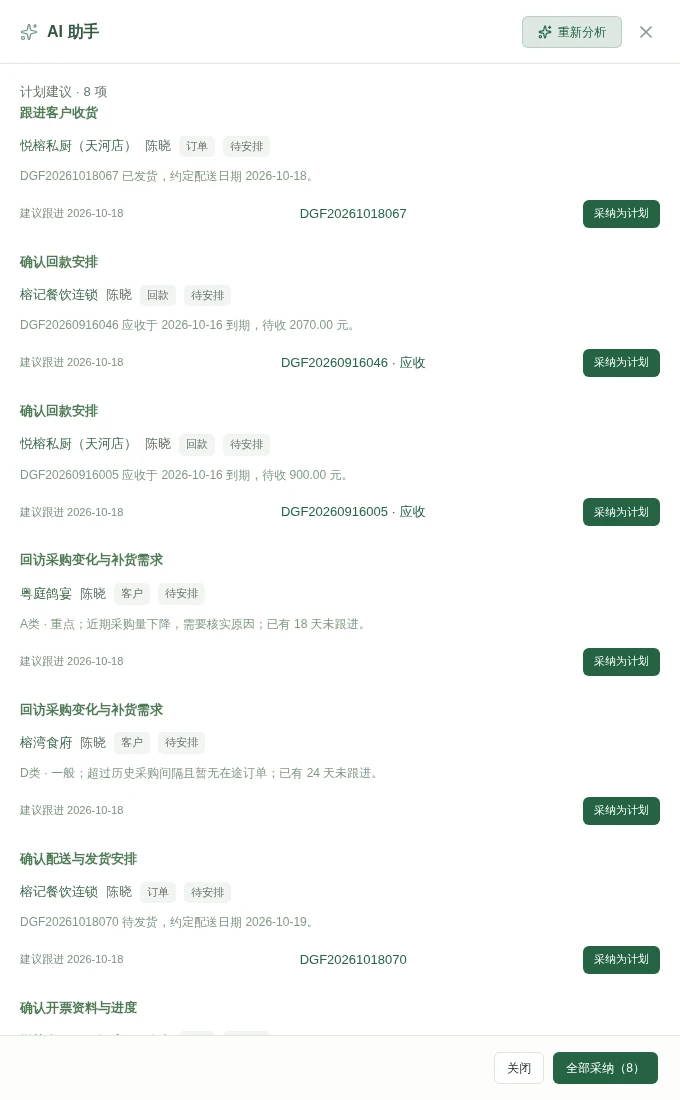 实际工作台 AI 根据客户、订单、回款与开票生成计划建议，说明理由及建议日期
