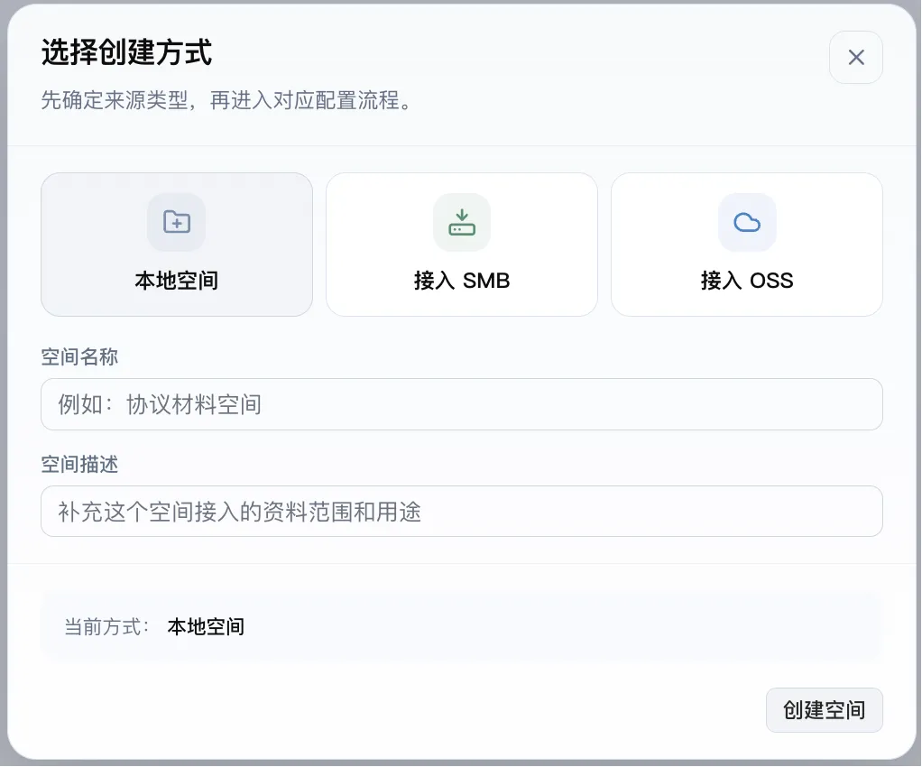 KnowHub 文档空间创建界面，可选择本地空间、接入 SMB 或接入 OSS，并填写空间名称和描述