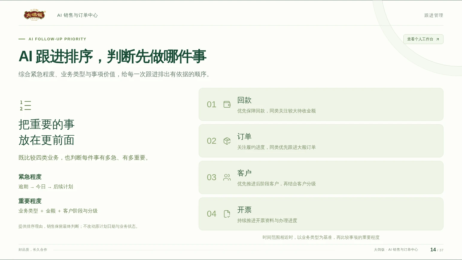 原系统介绍中紧迫度、业务类型、金额和客户阶段的排序依据