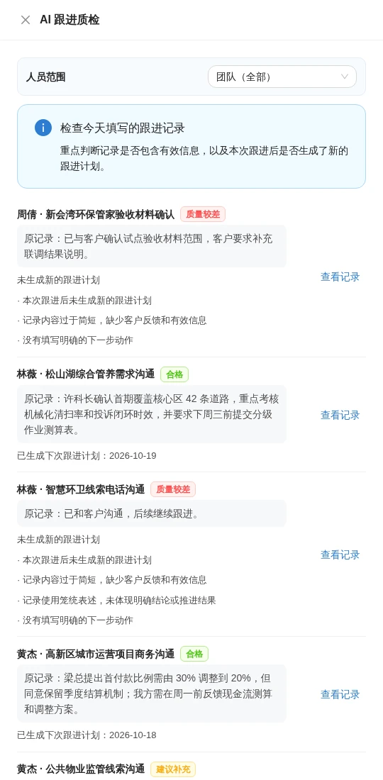 实际 AI 跟进质检结果，比较有效客户反馈、笼统表述、下一步动作及是否续建计划